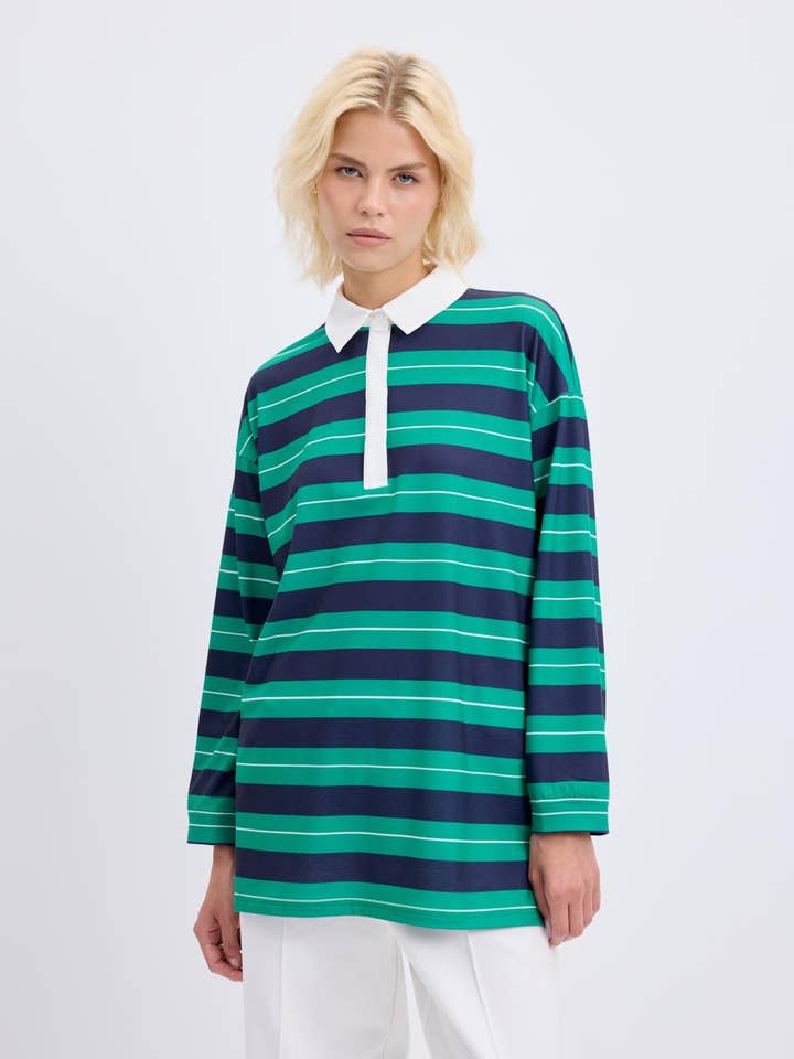 Polo Collar Striped Sweatshirt Navy Blue for wholesale by Kadriye Baştürk