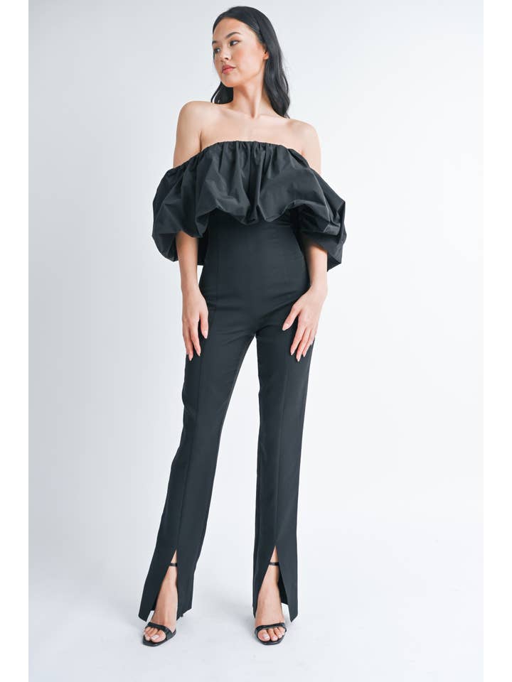 Black IJP2792 BUBBLE OFF SHOULDER BOOTCUT JUMPSUIT WITH FRONT SLIT for wholesale on Faire