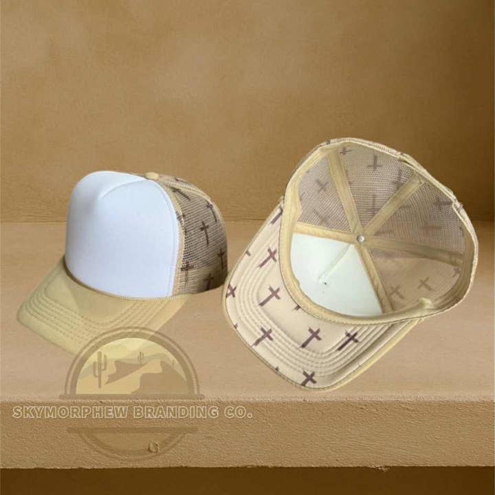 Skymorphew Branding Co - Wholesale Trucker hat – Unisex - Tan Cross Trucker Hat with Bill Bottom0