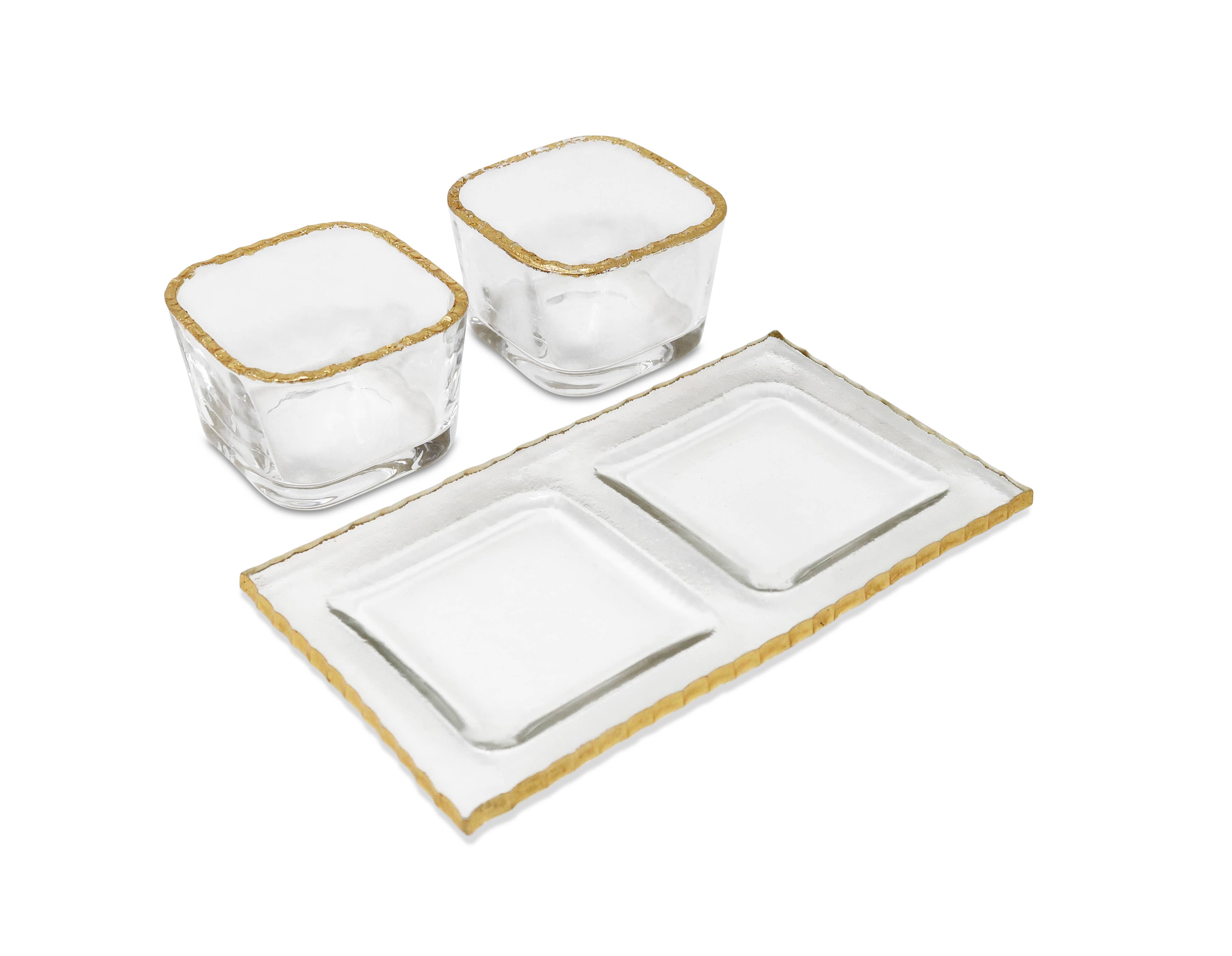 VIVIENCE - Wholesale Condiment/Dip Bowl - 2 Bowl Relish Dish on Tray with Gold Border1