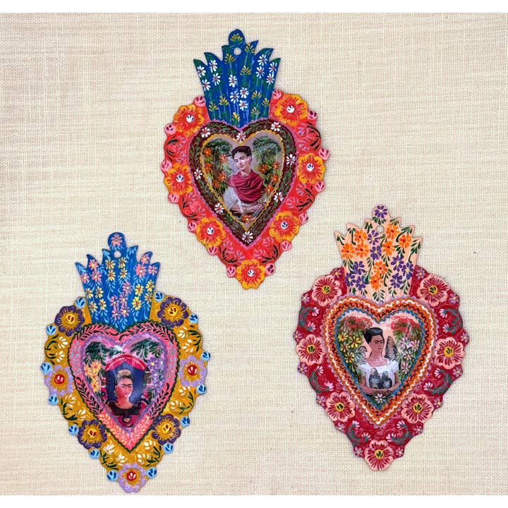 Tesoros Trading Company - Wholesale Ornament - Sm. Frida Painted Milagro Heart, Peru