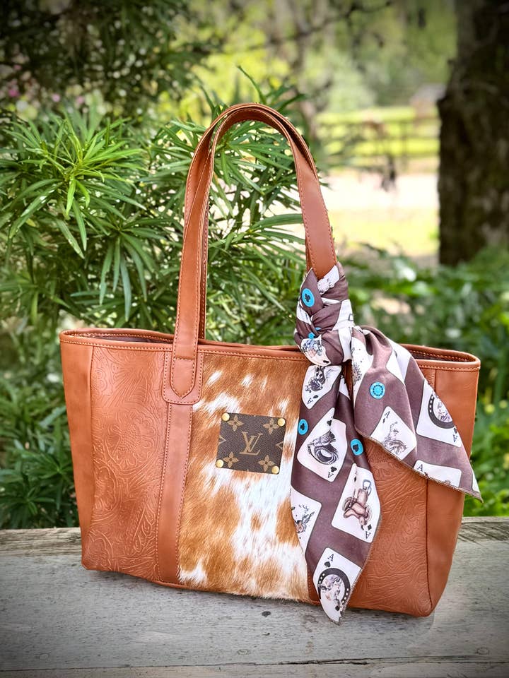 Upcycled LV Tote Shoulder Bag Western Faux Leather Cowhide for wholesale by Southern Junkie Gypsy Boutique