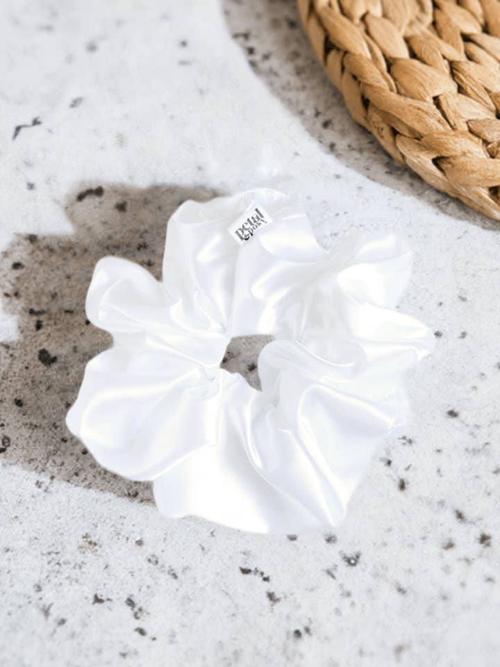 Super Fluff Silk Satin Scrunchie in Snow for wholesale by Petal & Posy
