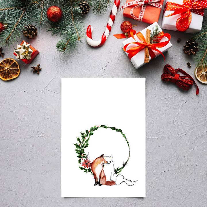Chandler Strange Art – wholesale Julkort – Söta rävar i en semesterkrans -100% återvunna kort