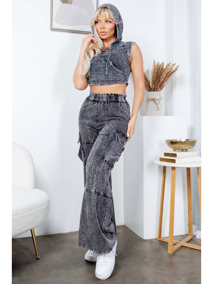 Jour - Vente Ensemble de vêtements d'intérieur – femme - Haut court à capuche délavé aux minéraux et pantalon à poche cargo GD56096