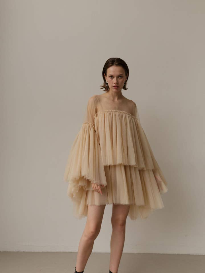 Beige tulle one size prom dress for wholesale by Lutien Bridal