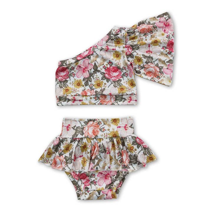 One shoulder top floral skirt bummies baby girls clothes for wholesale by Yawoo Garments