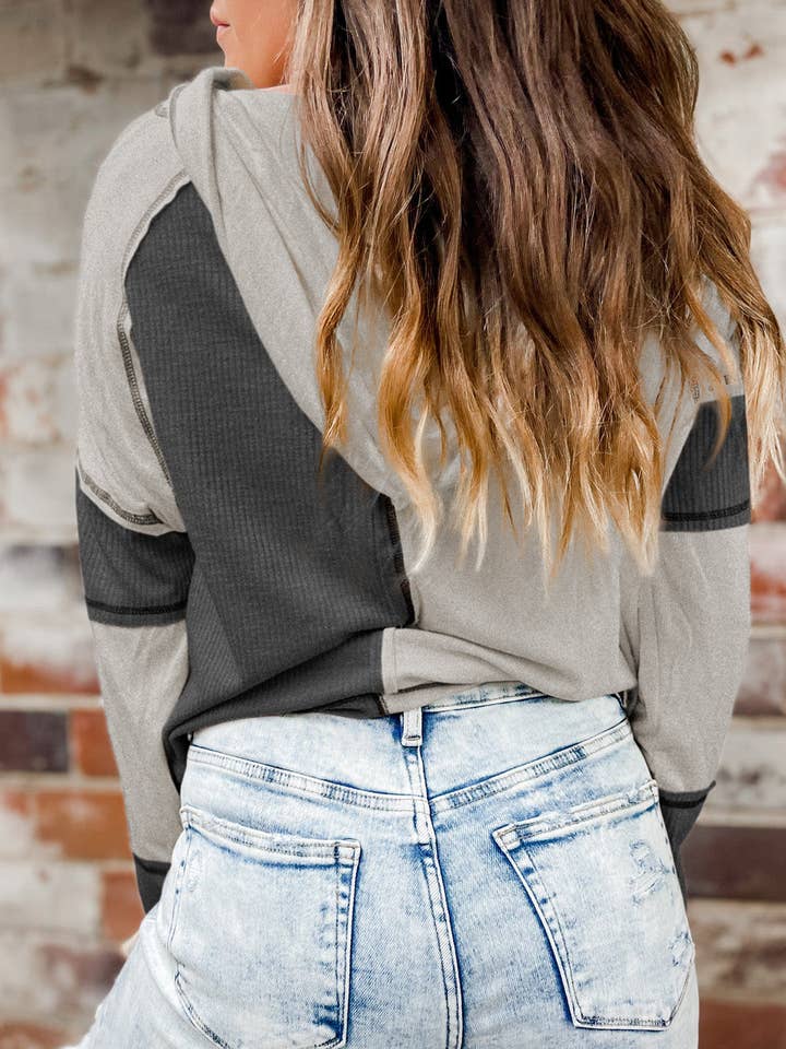 FULL TIME PURCHASE - Wholesale Hoodie - Women's - Colorblock Seamed Ribbed Henley Hoodie