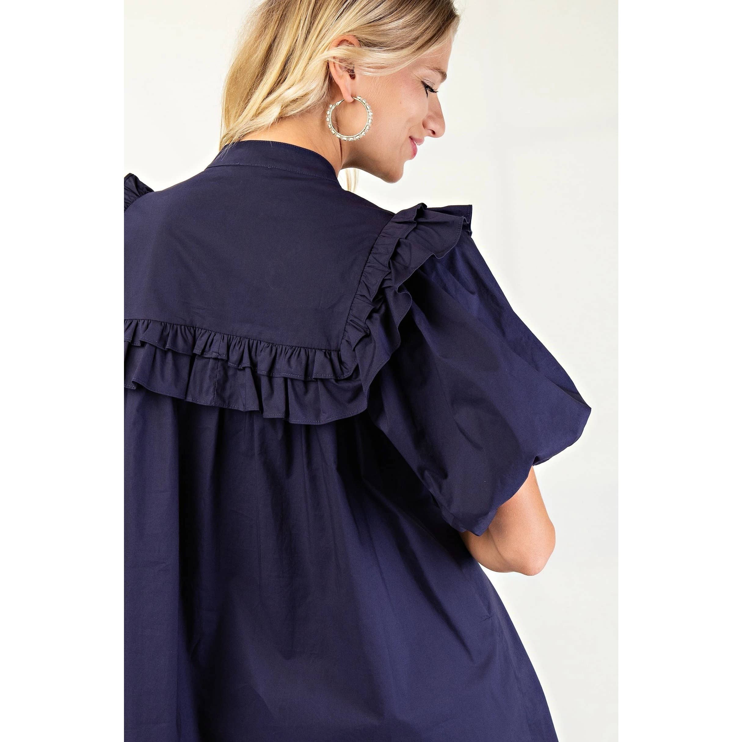 BNS - Wholesale Dress - Women's - Puff Sleeve Mini Dress w_Mandarin Collar n Ruffle18