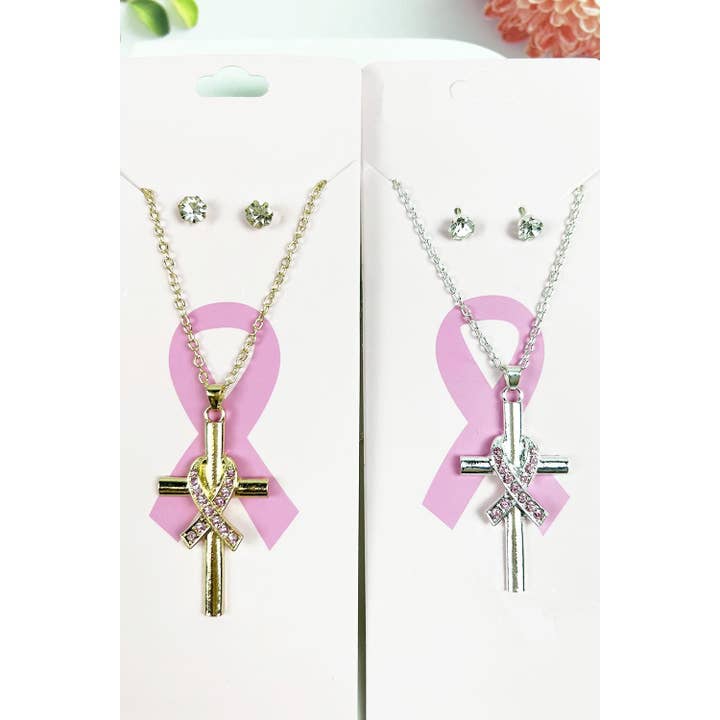 CROSS WITH PINK RHINESTONE RIBBON NECKLACE WITH EARRING SET for wholesale by JHP Collection