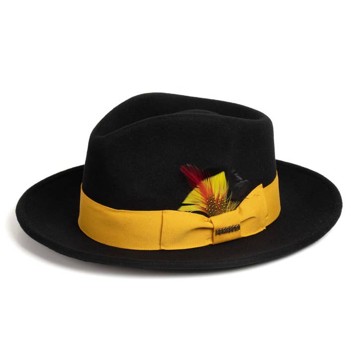 Crushable Black/Gold 100% Australian Wool Fedora Hat for wholesale by Ferrecci