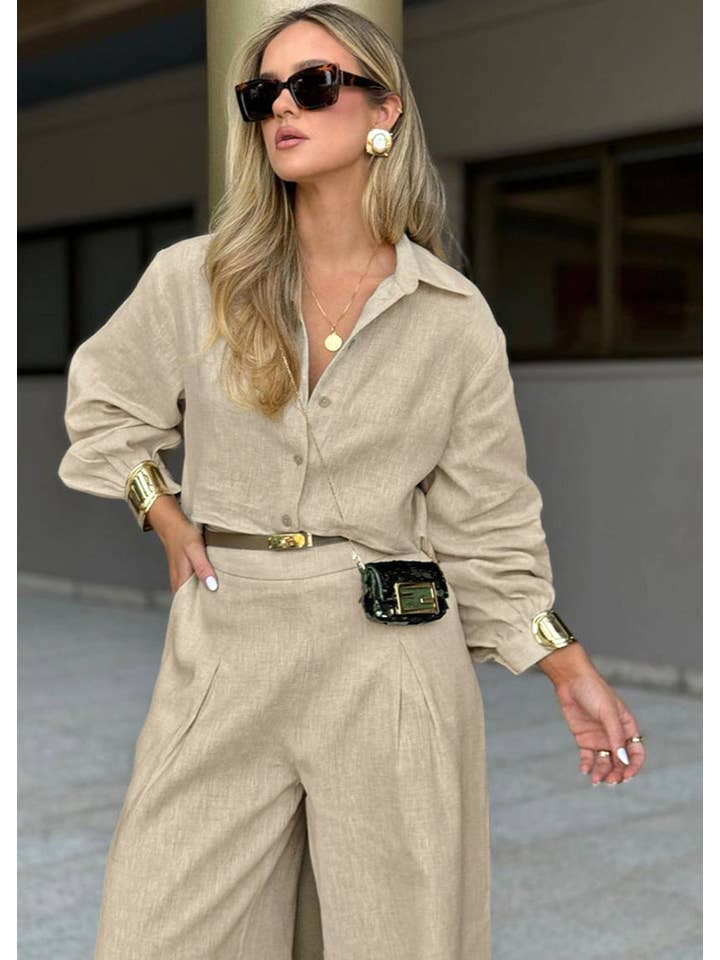 Beige Mara - Linen Blend Two-Piece Set for wholesale on Faire