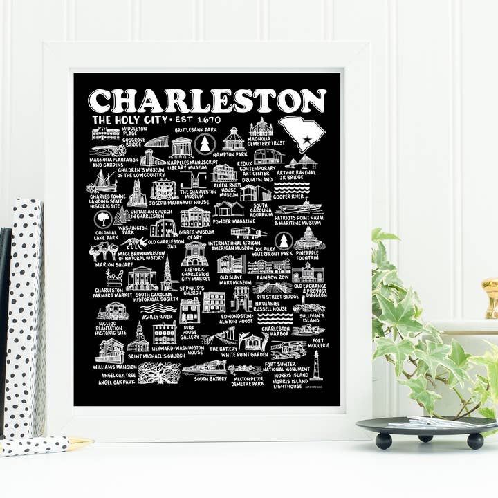 Charleston Map Print Noir pour la vente par Whereabouts Shop