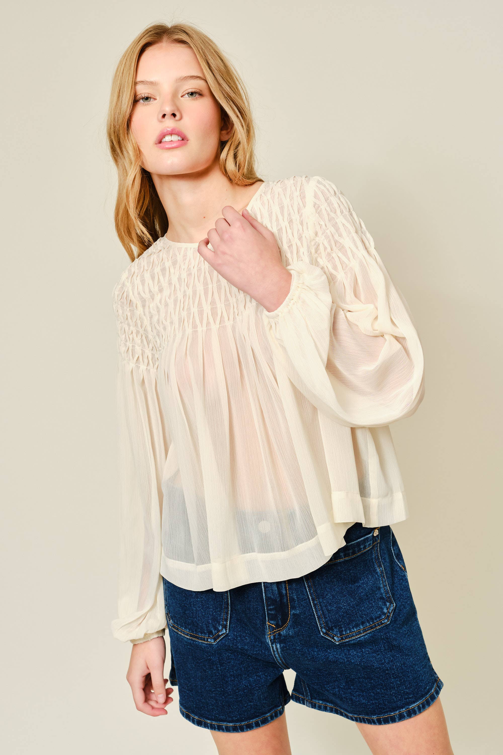 Aaron & Amber - Wholesale Blouse - Women's - AJT5433 SPECIAL SMOCKED DETAIL LONG SLEEVE BLOUSE1