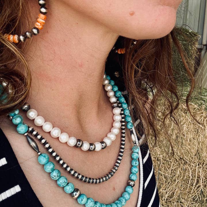 Wild Hancock Creations - Wholesale Beaded/Pearl Necklace - Kingman Turquoise Necklace With 8MM Navajo Pearls & Torpedo's6