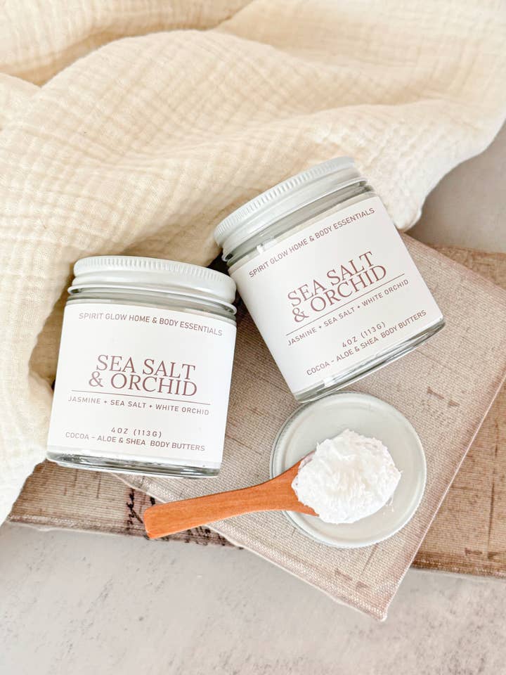 Sea Salt & Orchid Coco-Aloe & Shea Whipped Body Butter for wholesale by Spirit Glow Home & Body Essentials