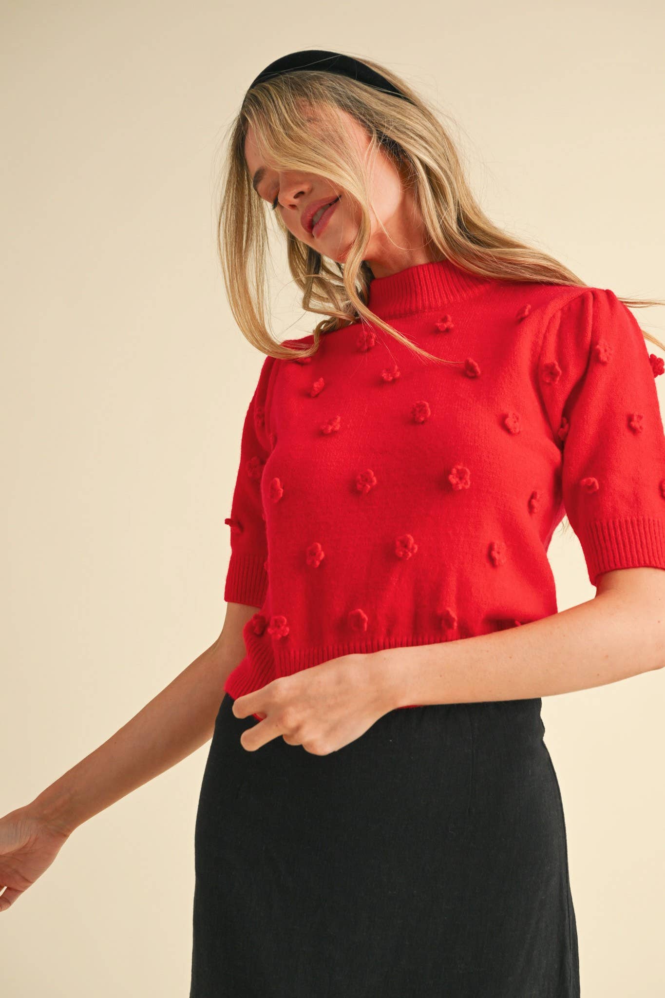 &MERCI - Wholesale Knit Sweater - Women's - 3D FLORAL KNIT SHORT SLEEVE SWEATER MSW105377