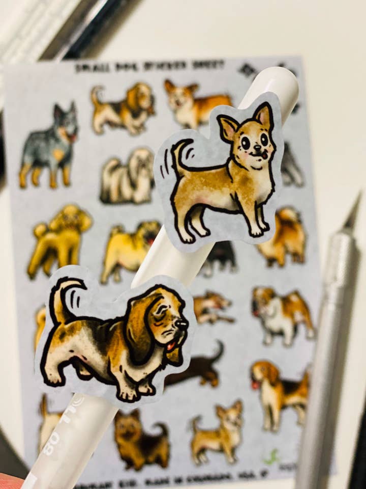 Small Dog Sticker Sheet! 18 Waterproof Stickers! for wholesale by Guerdrum Art