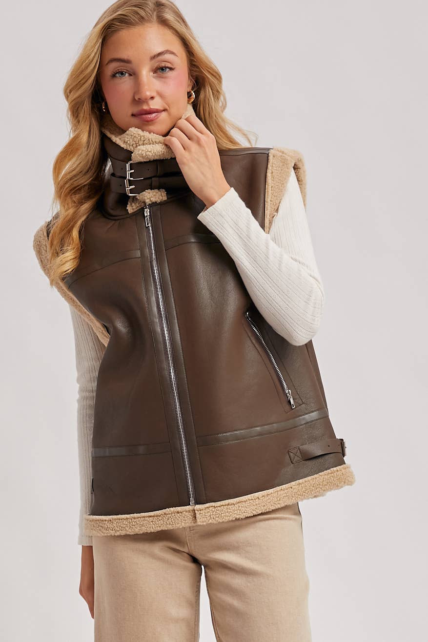 Bluivy – wholesale Outerwear Vest - Women’s – FAUX LEATHER WITH INNER FAUX SHEARLING AVIATOR VEST19