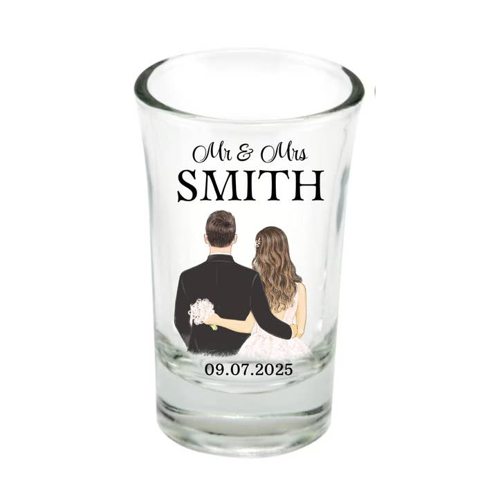 Personalized Mr & Mrs Favor Custom 54 Wedding Shot Glasses for wholesale by Unknown Designs
