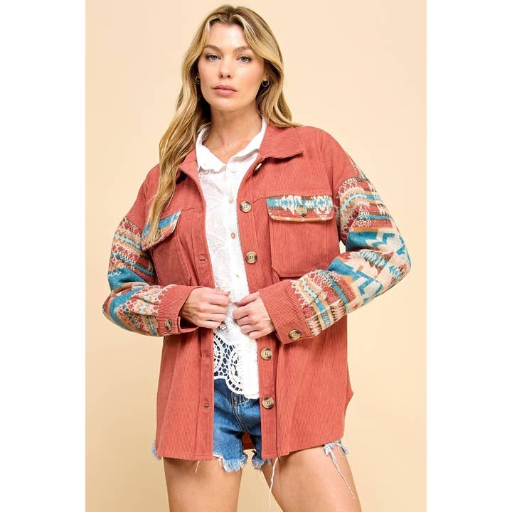 Veveret - Wholesale Jacket - Women's - Contrast Pattern Corduroy Shacket