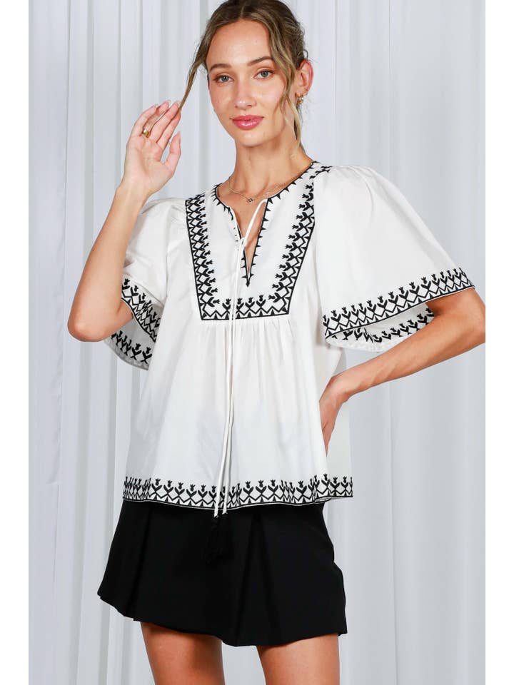 Vine & Love - Vente Chemisier – femme - Blouse blanche brodée à col noué, style bohème10