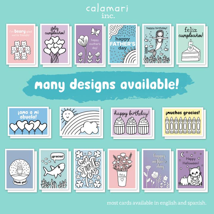 Calamari Inc. - Venta al por mayor Tarjetas de cumpleaños - Tarjeta de cumpleaños para colorear, sirena con pelo rizado4