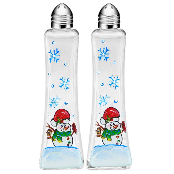 Colorful Snowman Bird Hand-Painted Tall Salt Pepper Shaker for wholesale by Classy Art Designs, LLC