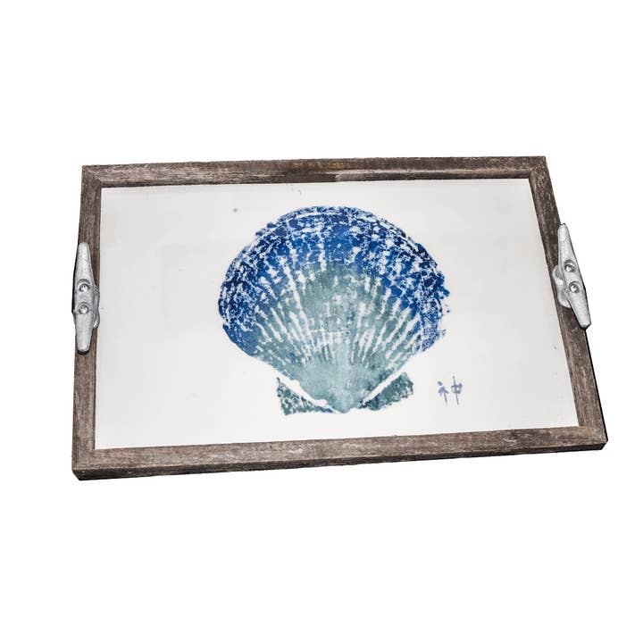 Fish Aye Trading - Wholesale Decorative Tray - FishAye Scallop Shell Driftwood Tray | Coastal Nautical Serveware