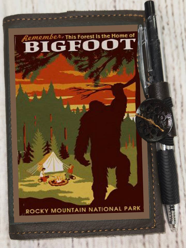 Reclaimed Leather Notebook with an Bigfoot Themed Patch for wholesale by Old Bagzz