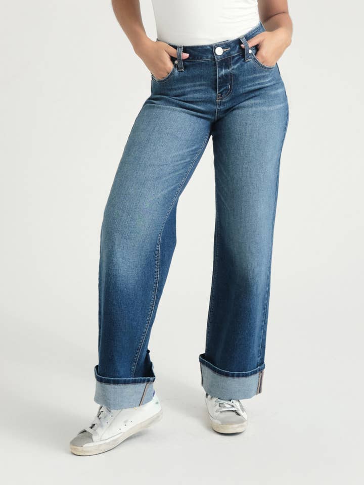 1822 Denim - Wholesale Jeans - Women's - Petite 29” Slim Wide Leg Jean w/ Cuff Hem in Pacific