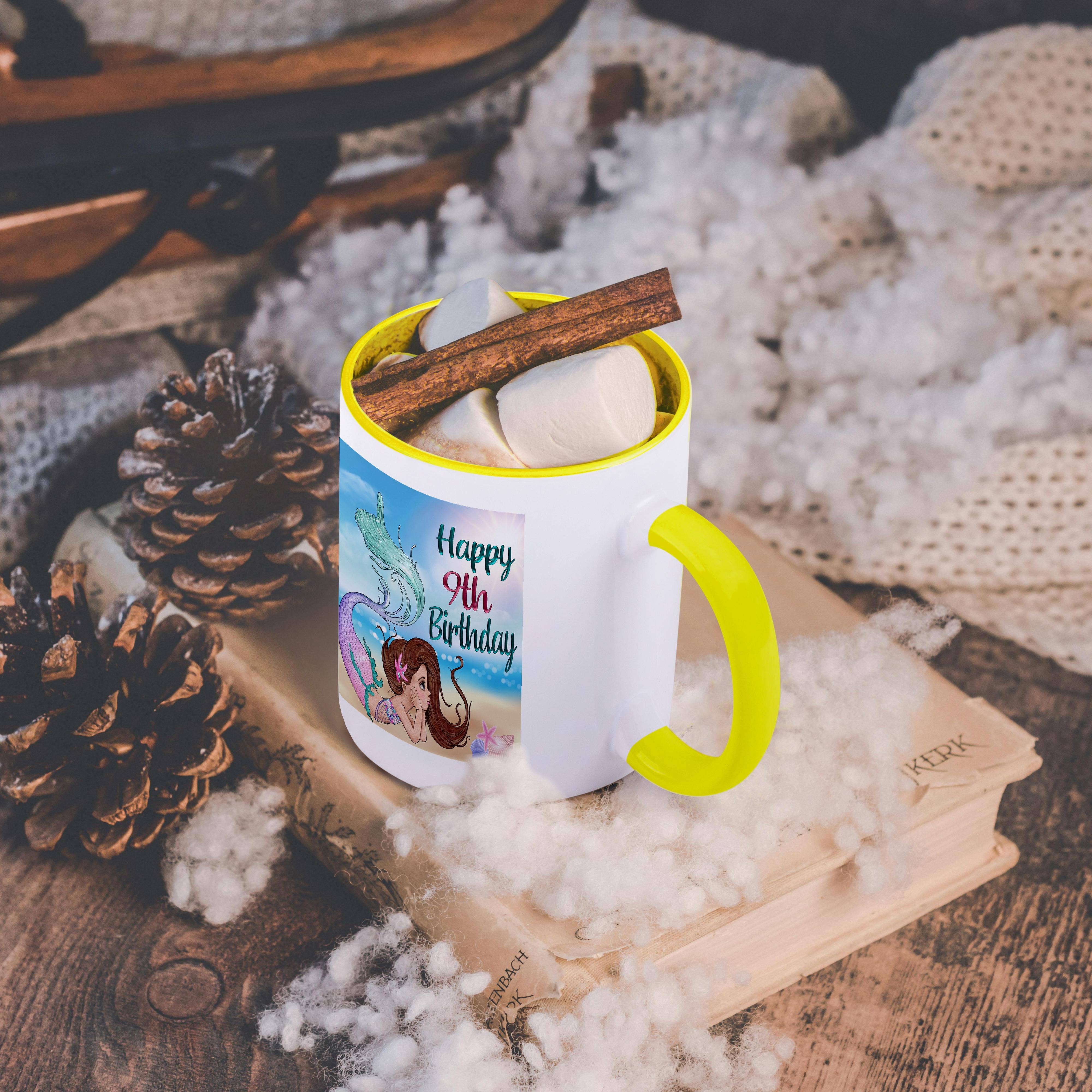 3dRose - Wholesale Coffee Mug - 3dRose, Happy 9th Birthday Pretty Brunette Mermaid On The Beach, Mug5