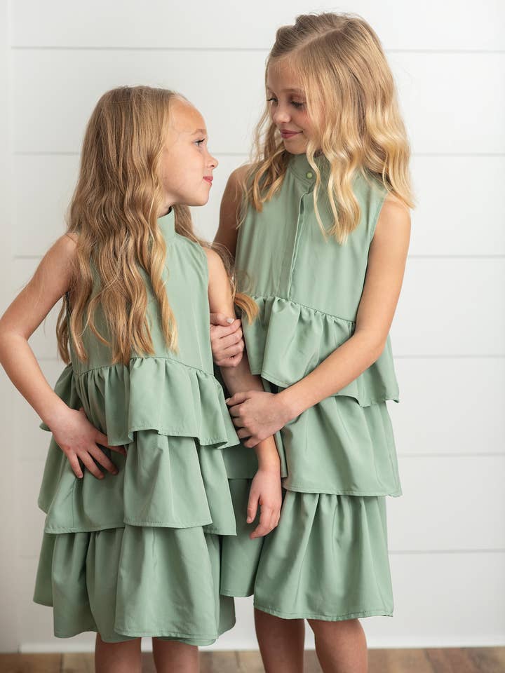 Oopsie Daisy - Wholesale Dress - Kids - Girls Mint Ruffle Layered High Neck Summer Dress4