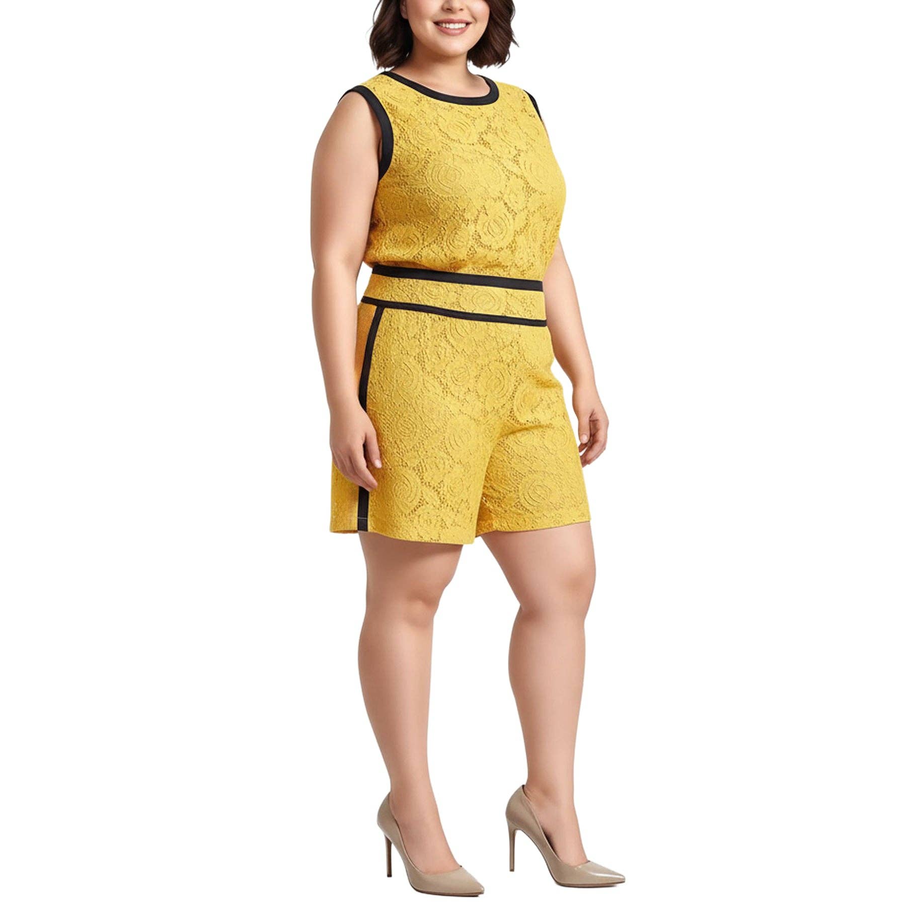 Robin K – Calções – Mulher por atacado – Shorts plus size femininos com renda floral em amarelo mostarda1