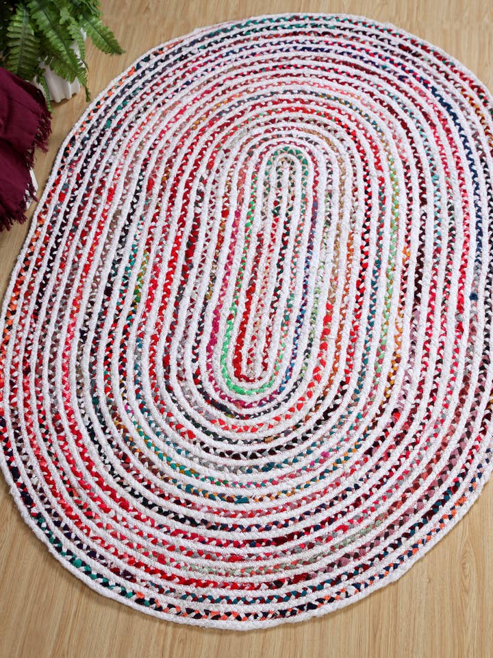 Tapete de algodão branco oval CARNIVAL com tecido multicolorido por atacado de Second Nature Online