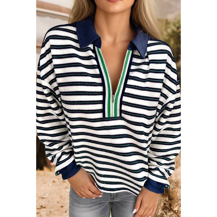 Fashion-W Pop of Color V Neck Striped Long Sleeve Top for wholesale by fashionworks