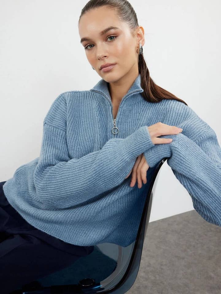 Soft-Textured Zip-Up Knit Sweater for wholesale by Hoxton Gal