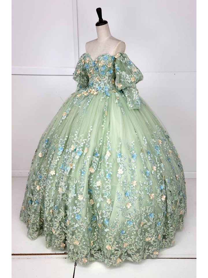 Sage Quinceanera Flower Dress With Sleeves CHF3108 for wholesale on Faire