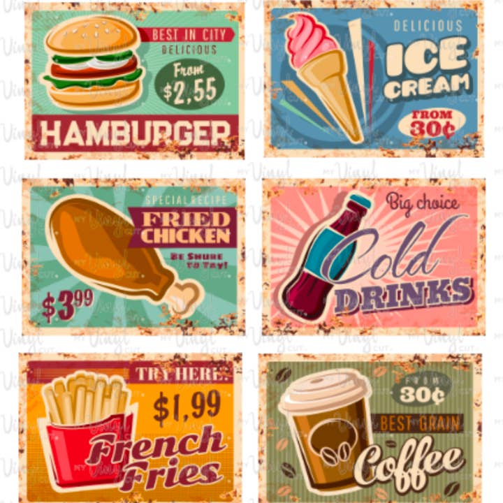 Magnet Set | Set of Six 2 inch wide Vintage Food Menu Items | Fridge Magnets for wholesale by My Vinyl Cut