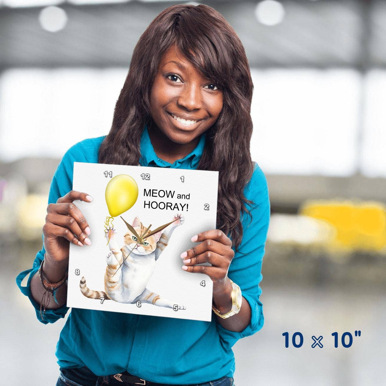 3dRose - Wholesale Wall Clock - 3dRose, Cute Meow and Hooray Kitty Cat in a Yoga Position with Yellow Balloon, Wall Clock3