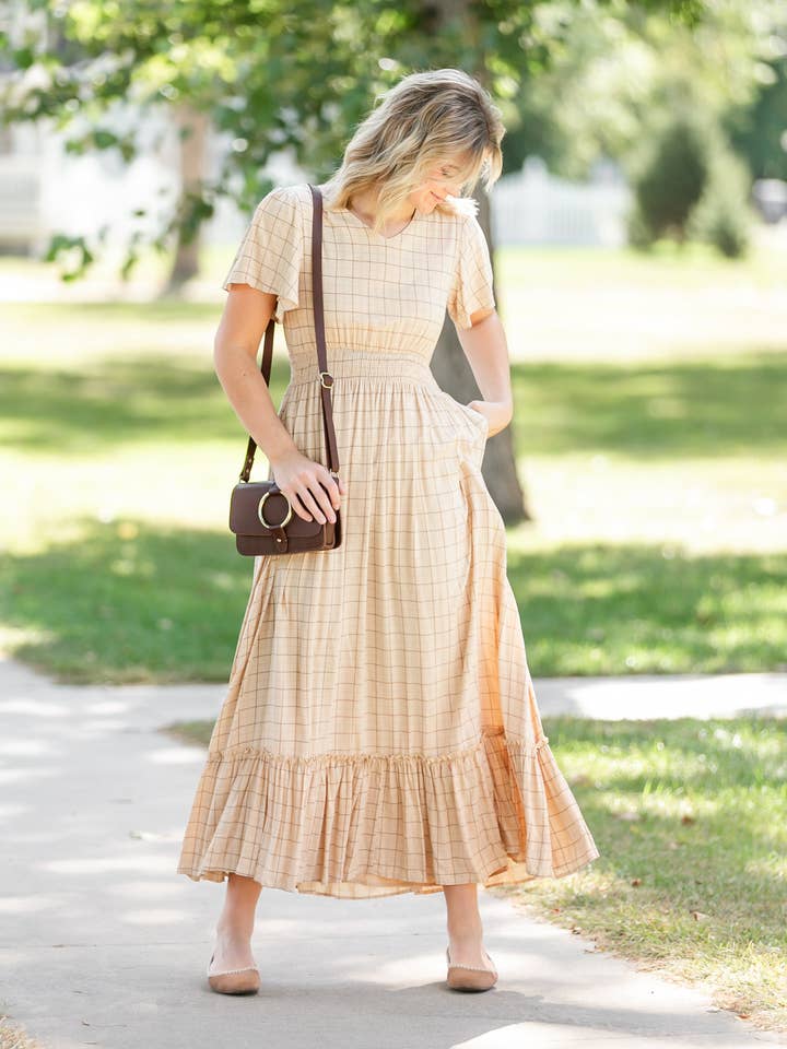 Inherit Clothing Company - Wholesale Dress - Women's - Isabella Taupe Plaid Maxi Dress