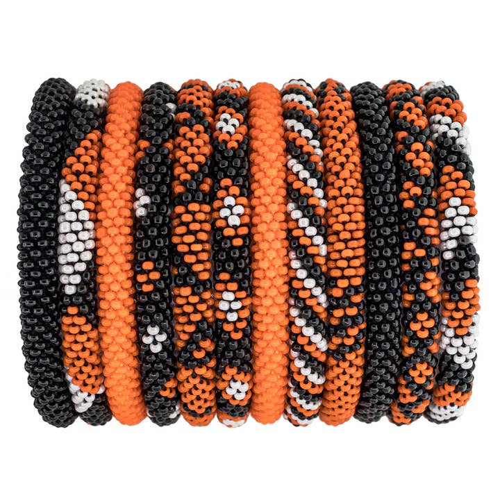 Aid Through Trade - Wholesale Beaded Bracelet - Halloween Roll-On® Bracelets Orange and Black - Set of 12