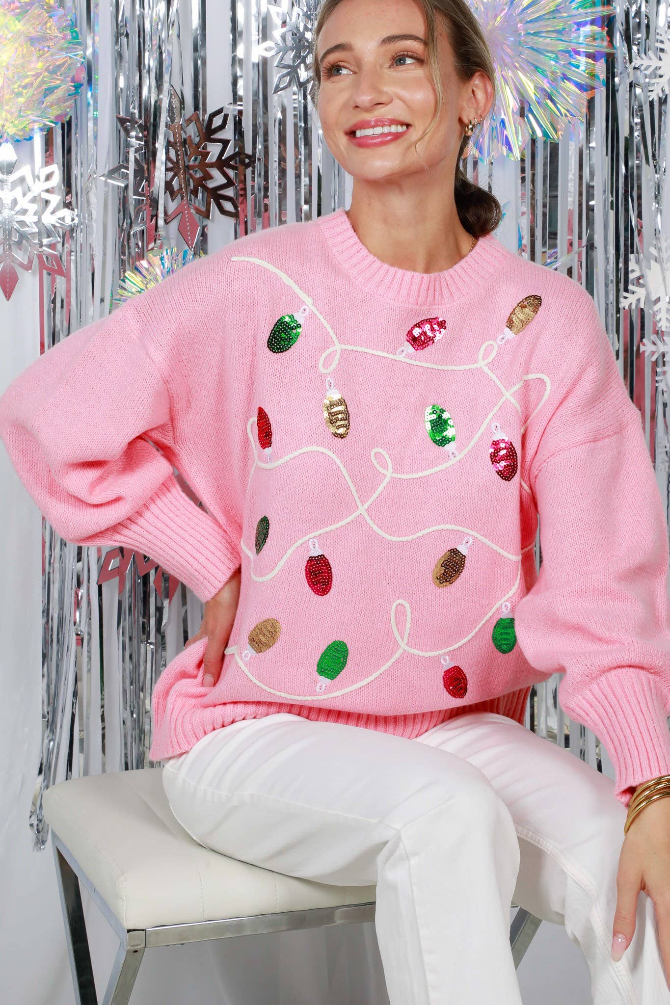 Vine & Love - Wholesale Knit Sweater - Women's - Colorful Christmas-Light Embellishment Cozy Sweater VT8225930