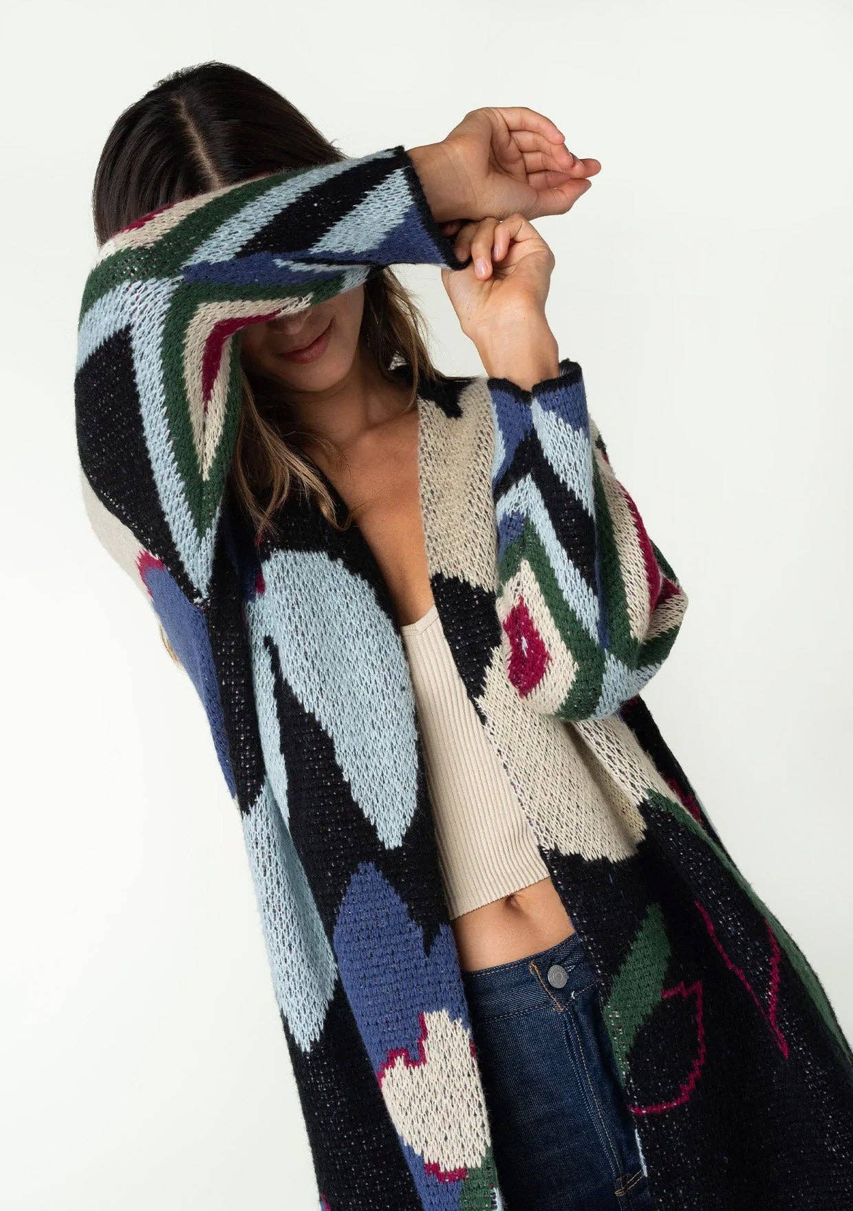 Marine/Multi Cardigan à devant ouvert en jacquard floral géant en vente sur Faire4