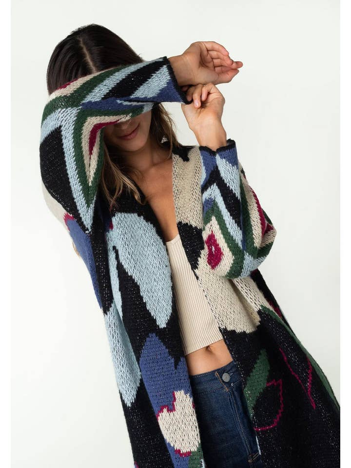 Marine/Multi Cardigan à devant ouvert en jacquard floral géant en vente sur Faire4