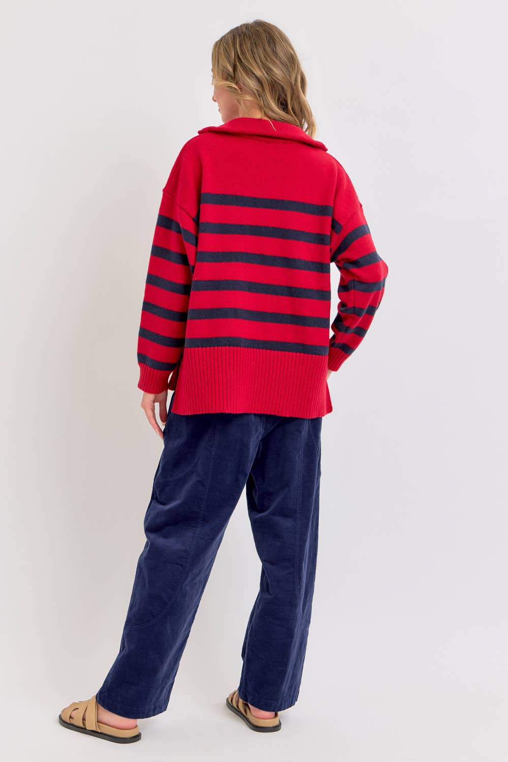 Sweet Lovely by Jen - Wholesale Knit Sweater - Women's - STRIPED ZIP-FRONT OVERSIZED PULLOVER KNIT SWEATER  12