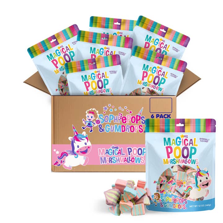 Magical Poop Marshmallows (12 OZ Standup Zip Pouch, 6 Pack) for wholesale by Sophiepops & Gumdrops