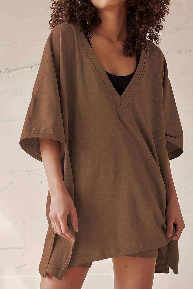 UNISHE - Wholesale Lounge Set - Women's - Summer V Neck Plain Two Pieces Short Set ASJP09011