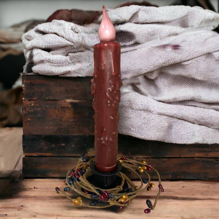 Small Town Dusk - Wholesale Flameless Candle - 7" Burgundy Primitive Grubby Battery Timer Taper Candles