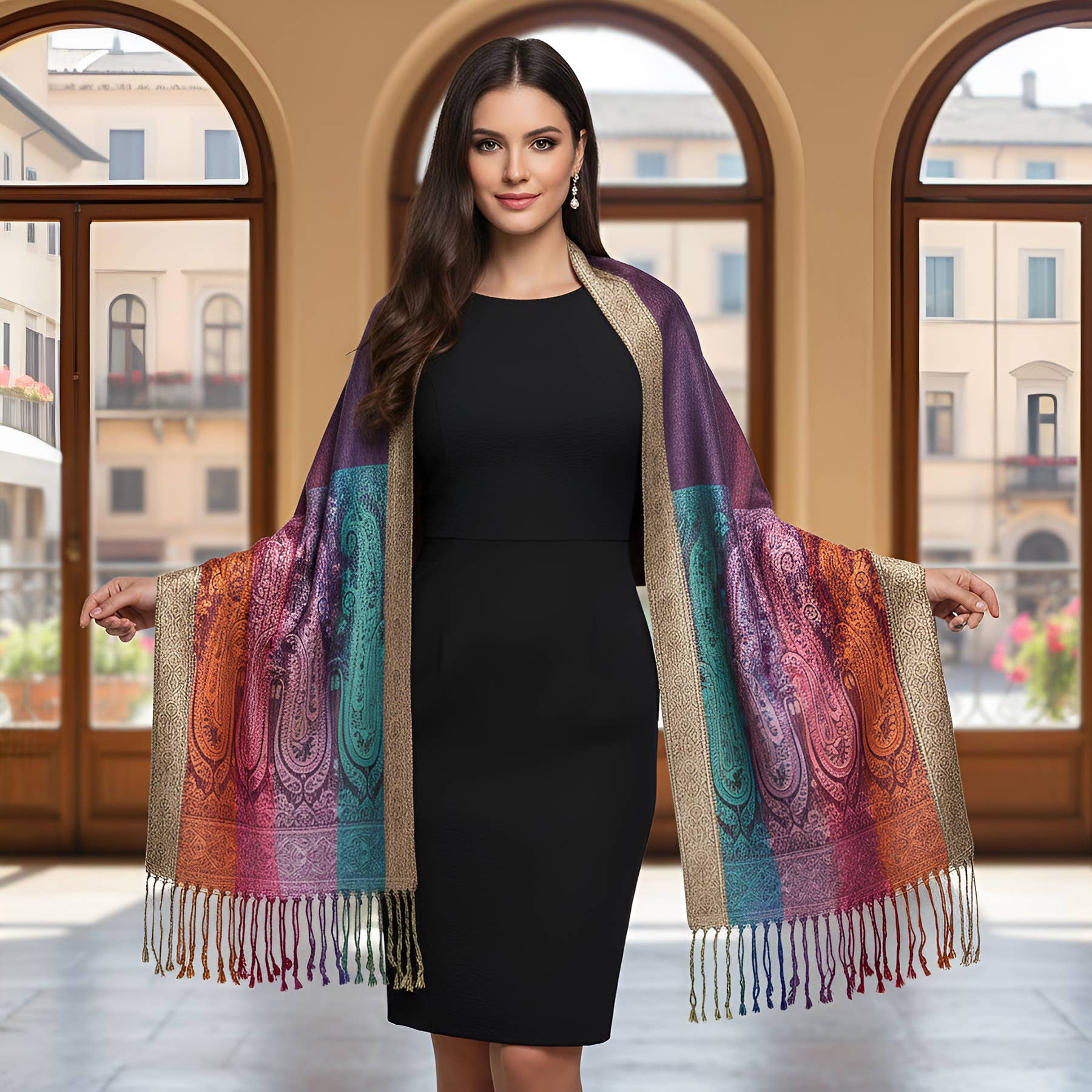 SERENITA - Wholesale Scarf - Women's - 6 Pack Pashmina Paisley Section Rainbow Shawl Wraps Assorted1